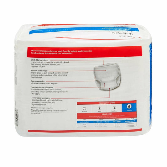 Sure Care Super maximum absorbency underwear package back with absorbency and sizing charts