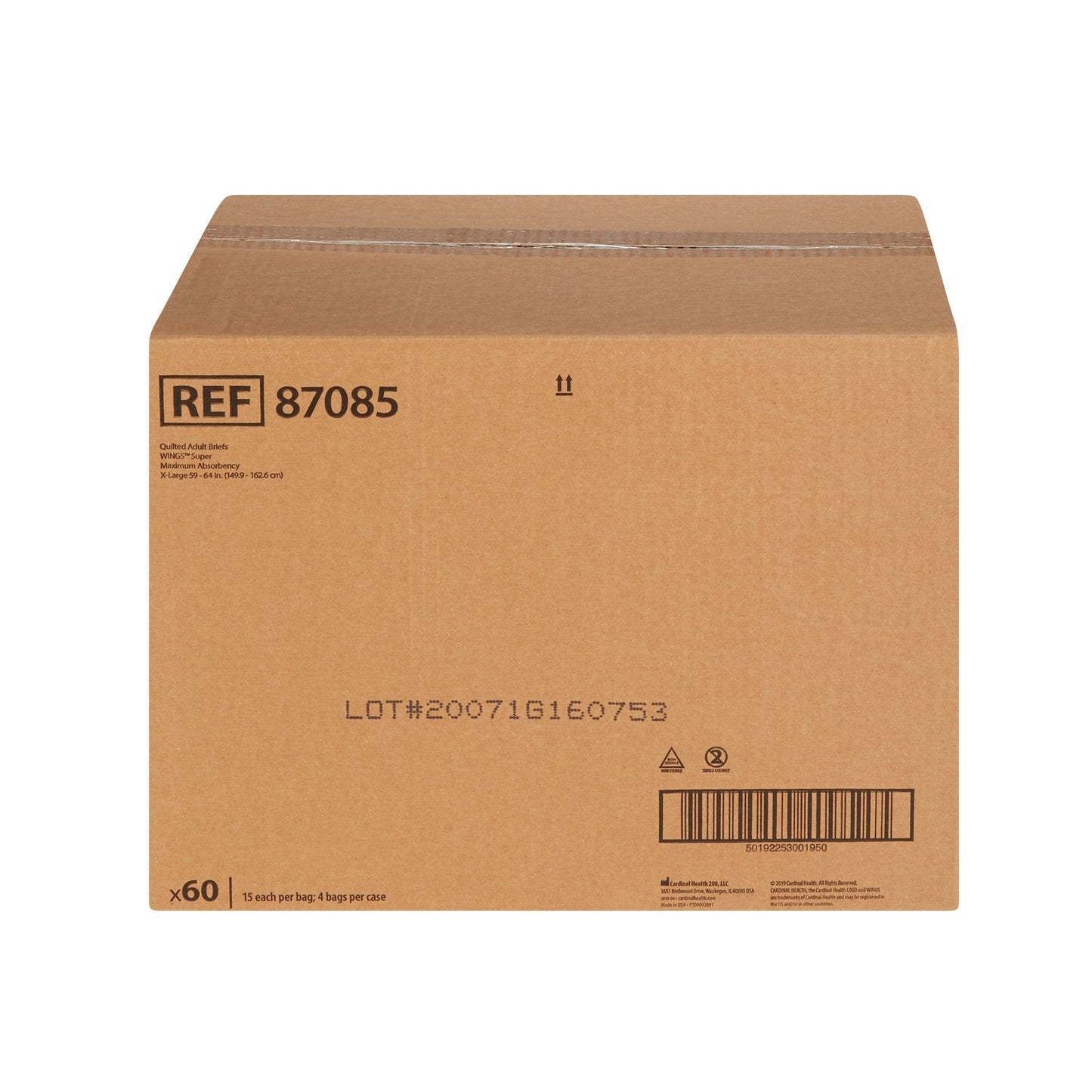 Cardboard case box labeled REF 87085 for quilted adult briefs, barcode and lot text