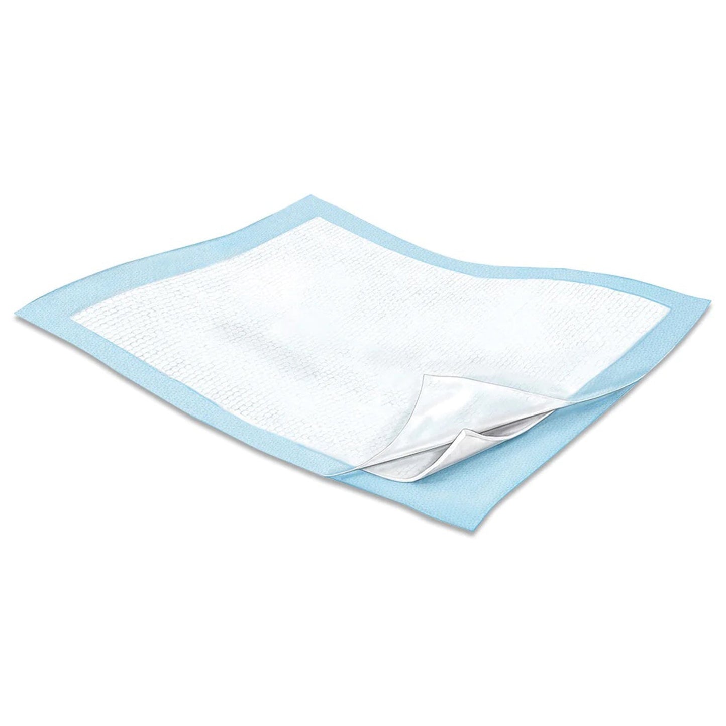 Quilted underpad with blue frame and white absorbent pad, wings folded under