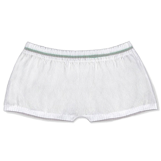White seamless knit incontinence pants with green waistband trim