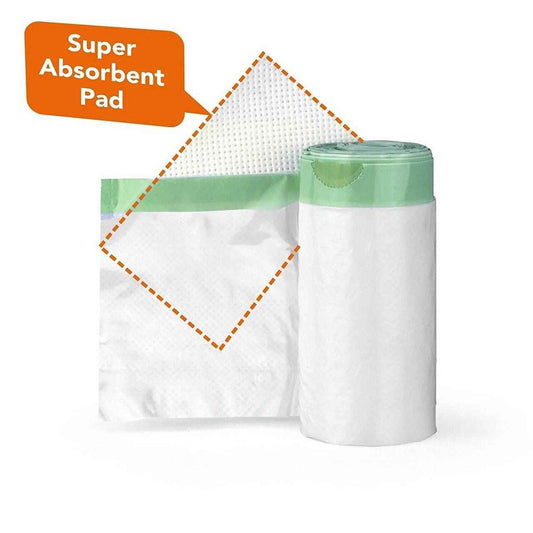 Commode liner with super absorbent pad, white bag with green top ring