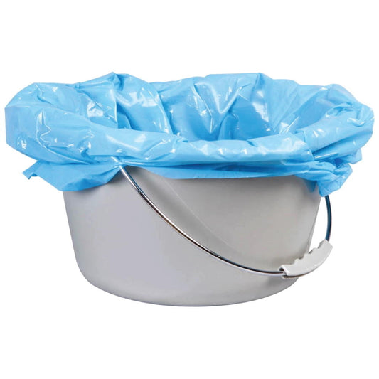 Blue commode liner sheet folded over a toilet commode bowl
