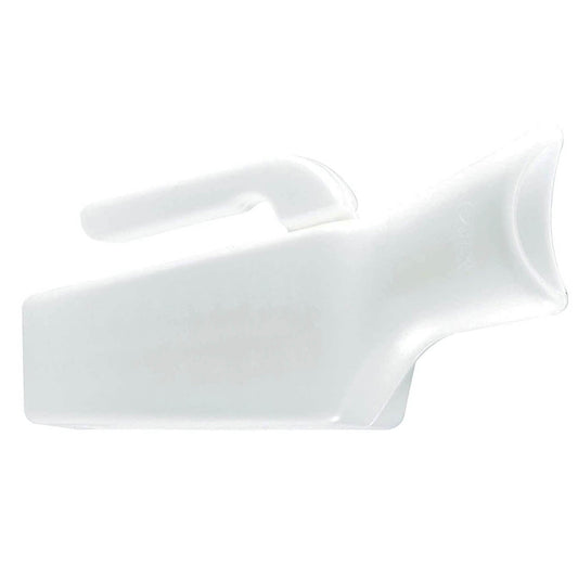 Female urinal, translucent white plastic with side spout and wide base