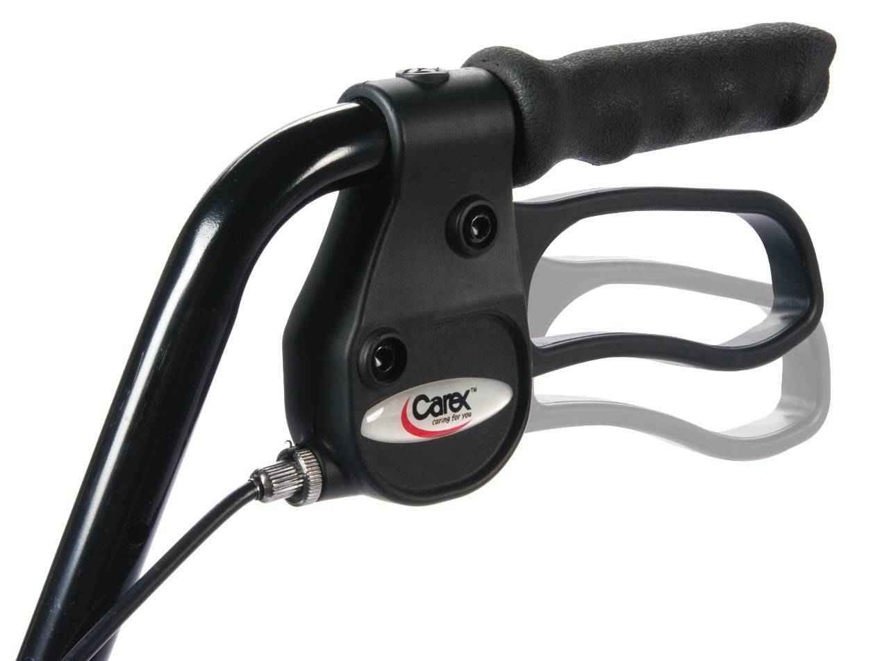 Close-up of rolling walker black hand lever and handle grip mechanism