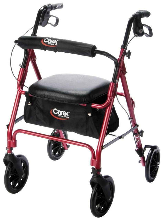 Burgundy rolling walker with black padded seat and storage pouch, four wheels
