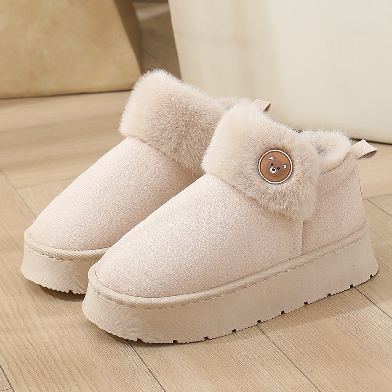 Cream ankle wrap cotton slippers with plush cuff and bear button