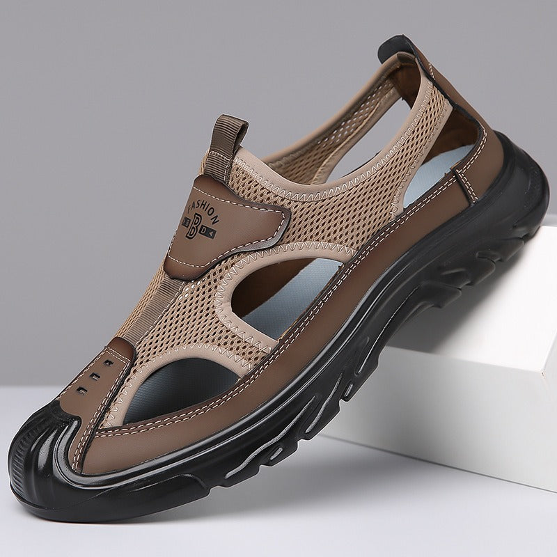 Men's tan-brown mesh cutout sandals with padded collar and black cushioned sole