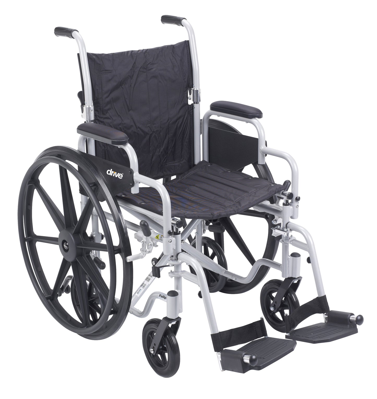 Lightweight transport wheelchair with black seat and back, swing-away footrests
