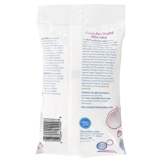 No rinse shampoo cap pouch back with barcode and directions panel