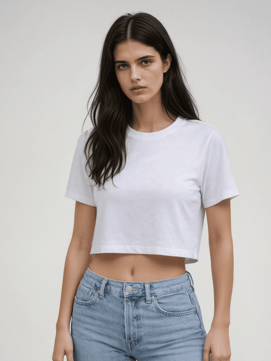 White cropped tee, crew neck, short sleeves