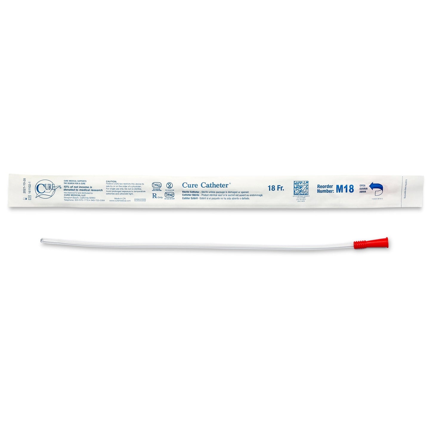 Male uncoated PVC straight-tip urethral catheter, 18 Fr, red tip cap