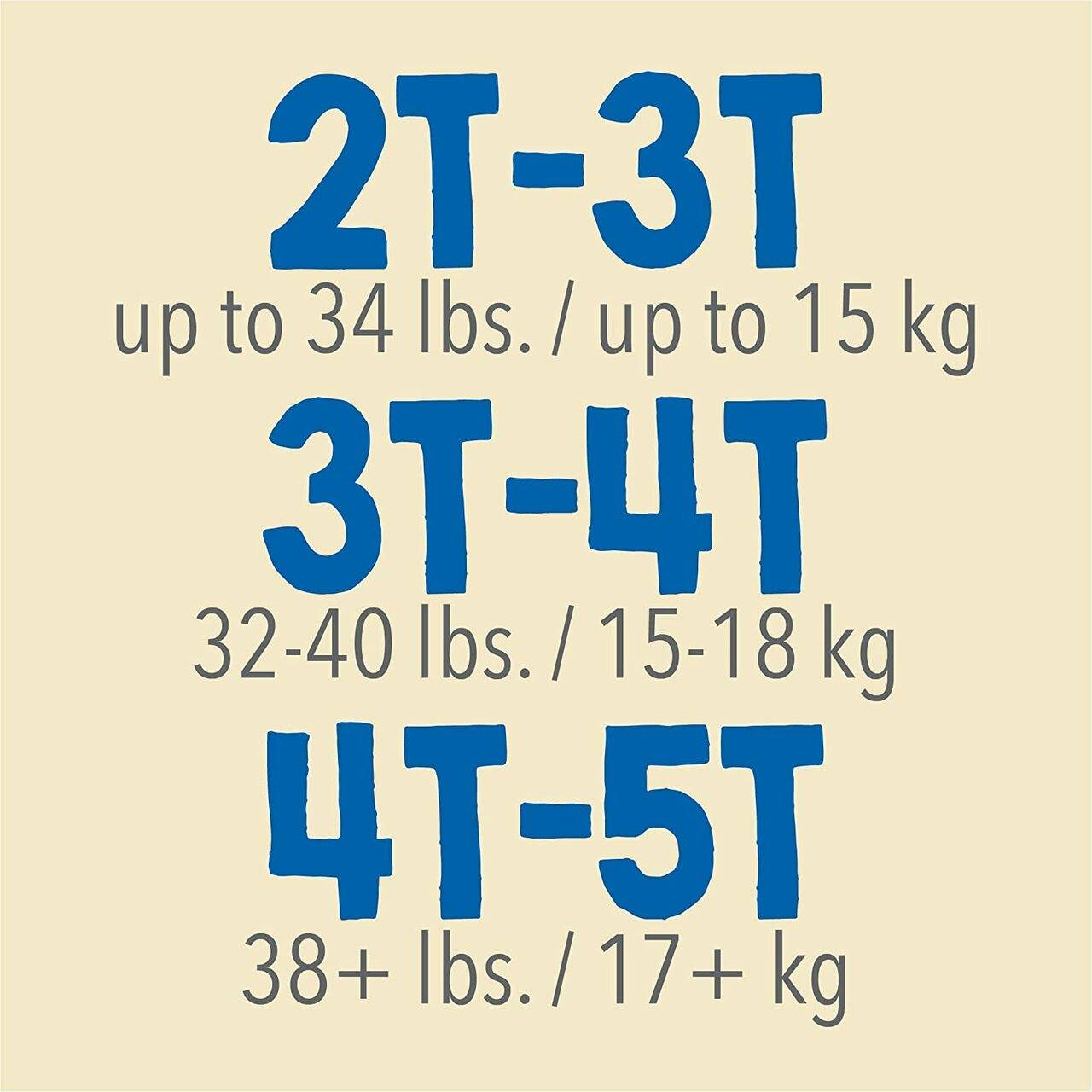 Training pants size 2T–3T: up to 34 lb (15 kg)