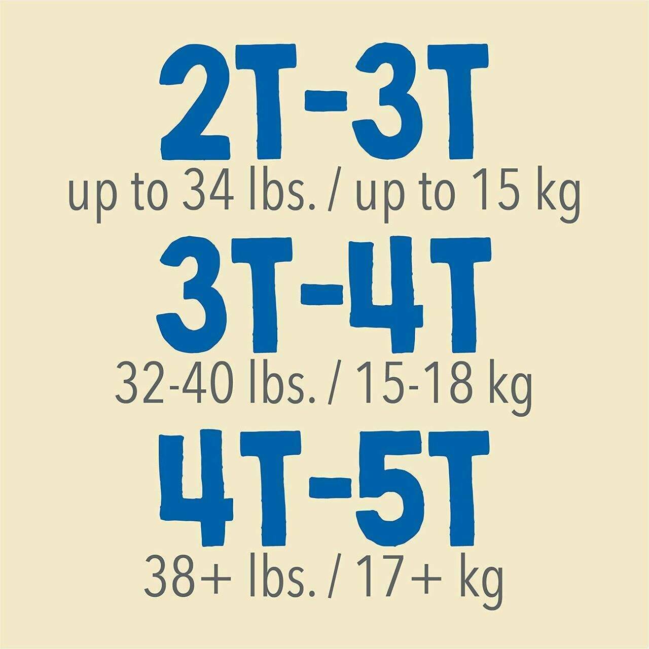 4T–5T training pants size chart with 38+ lbs / 17+ kg printed on box