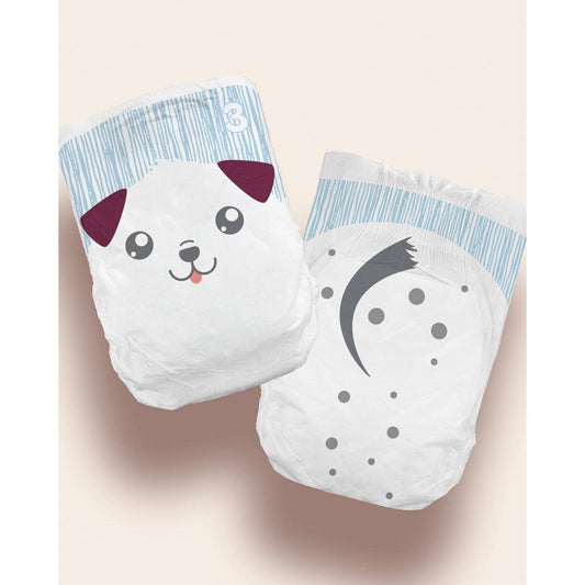 Size 3 baby diapers with cute dog and paw prints, white with light blue stripes