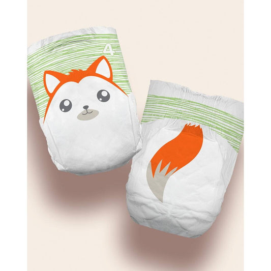 Size 4 baby diapers, two-pack view with cat and fox designs