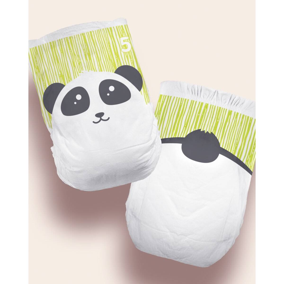 Size 5 baby diapers with panda graphic; two diaper packs shown
