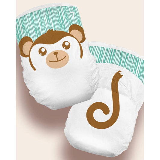 Size 7 baby diapers with bear face and tail graphics on outer surface