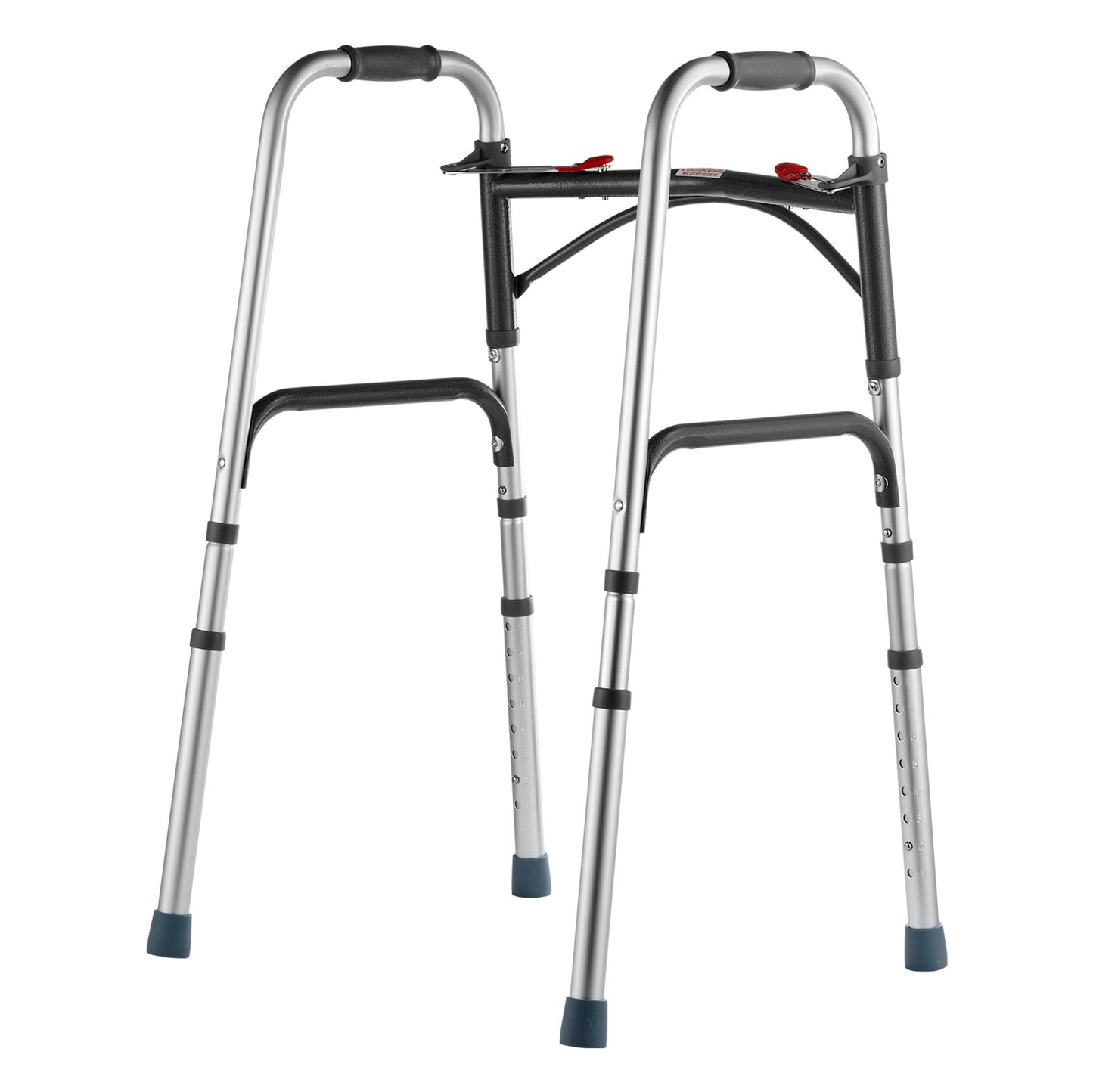 Folding aluminum walker with adjustable height and comfortable grips, supporting up to 350 lbs