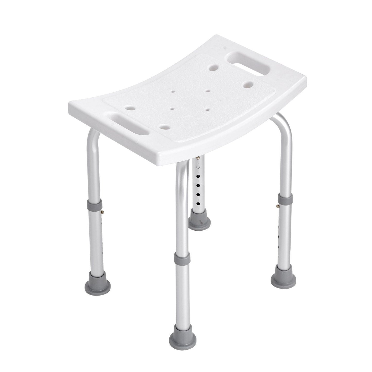 White shower bench with adjustable legs on a white background