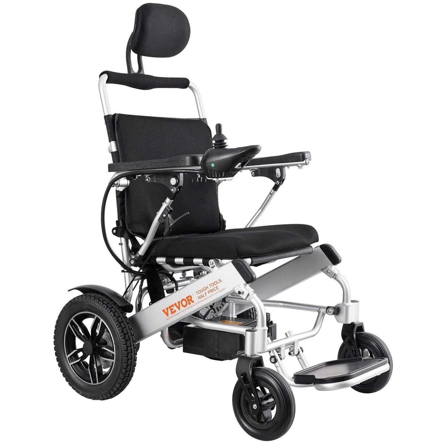 Folding electric power wheelchair, black seat, 20 in width, adjustable backrest, armrests