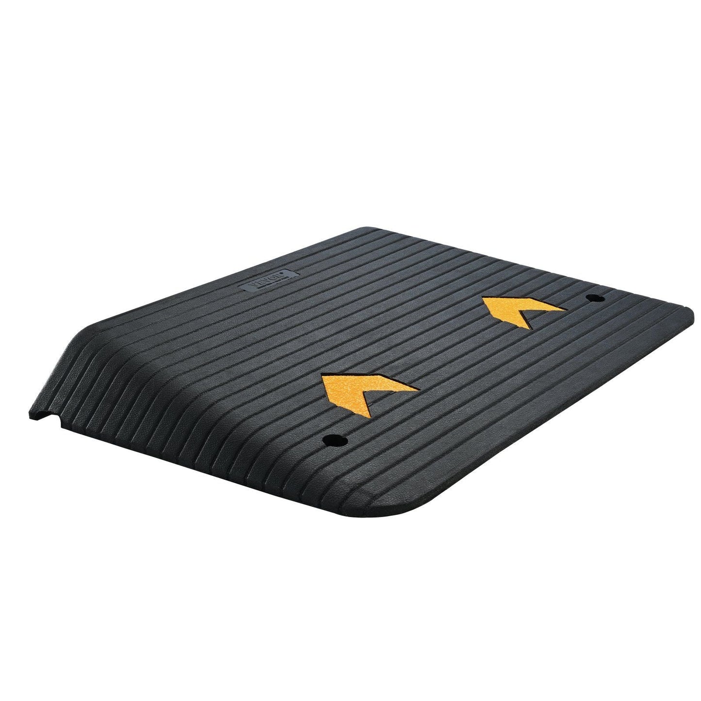 Rubber threshold ramp, dark textured non-slip surface with grip arrows and cutout handles