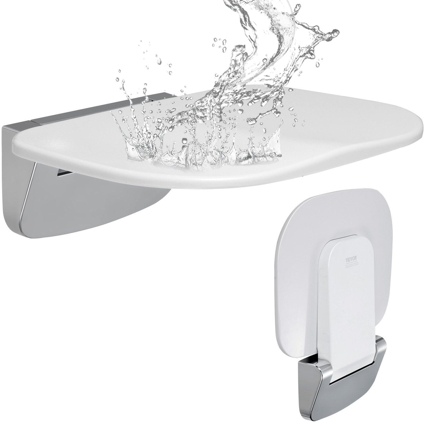 Chrome wall-mounted shower fixture with water splashing onto it on a white background