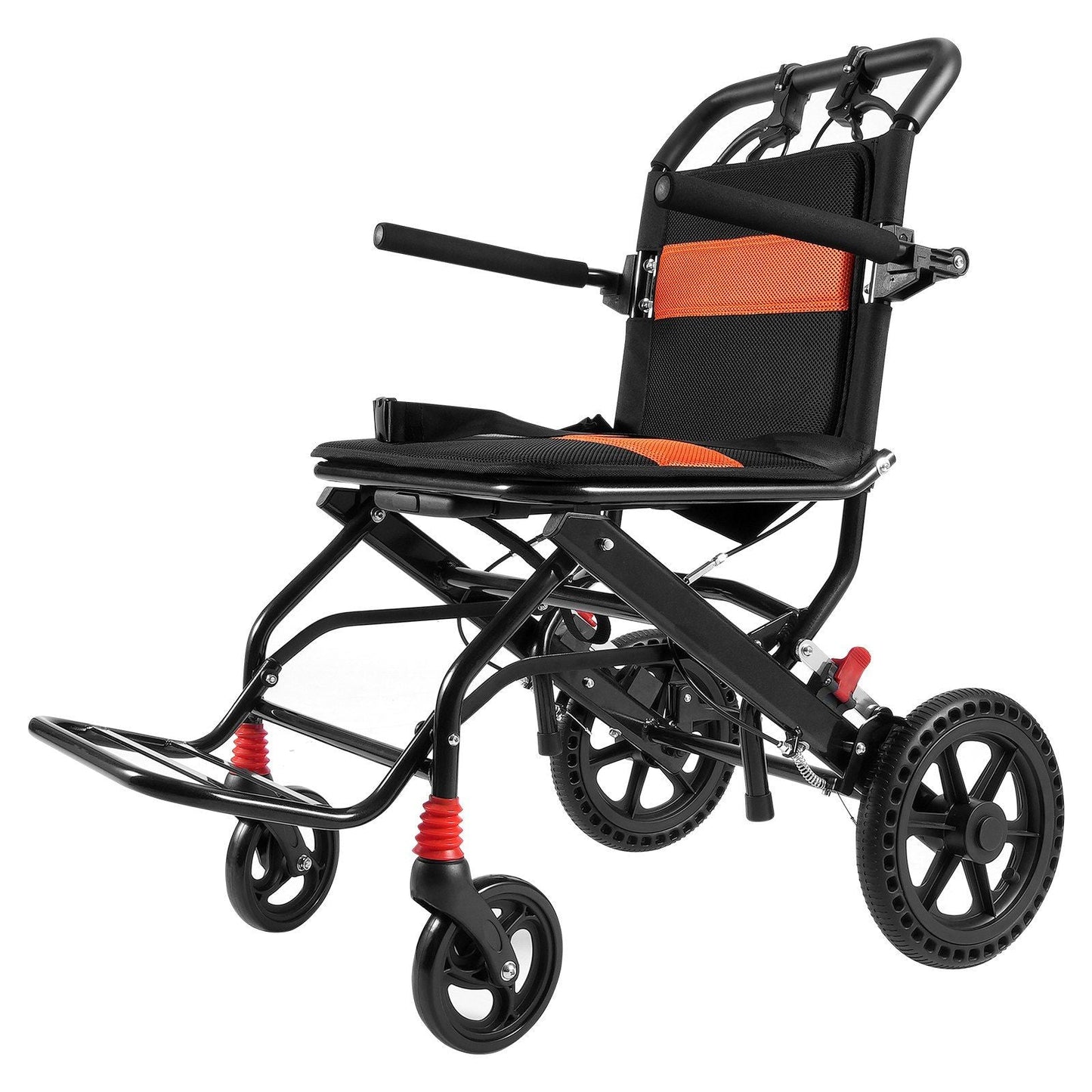 Foldable transport wheelchair with orange mesh seat, black frame, four rubber wheels