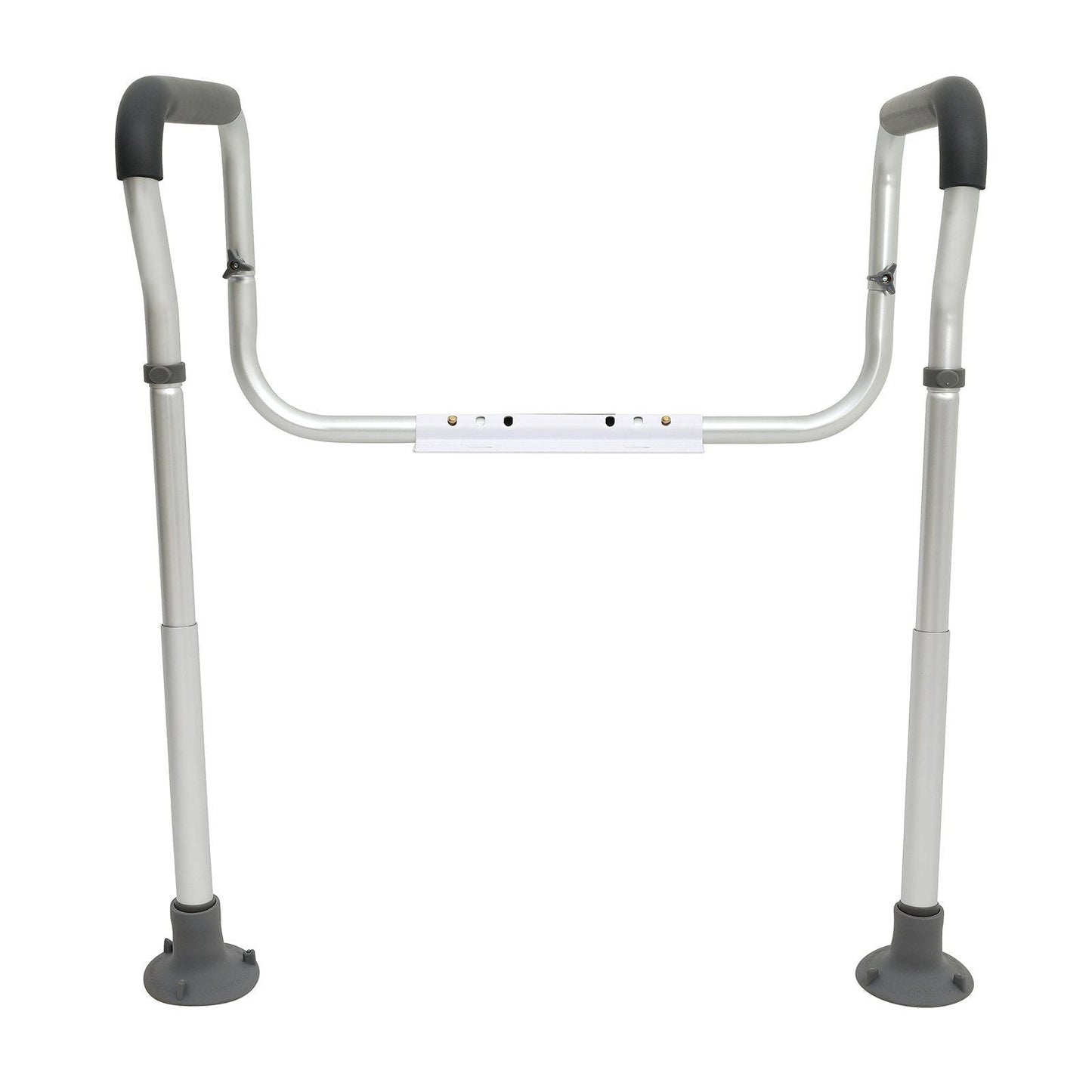 Toilet safety rail with padded grab handles and adjustable-height metal supports, dark gray pads