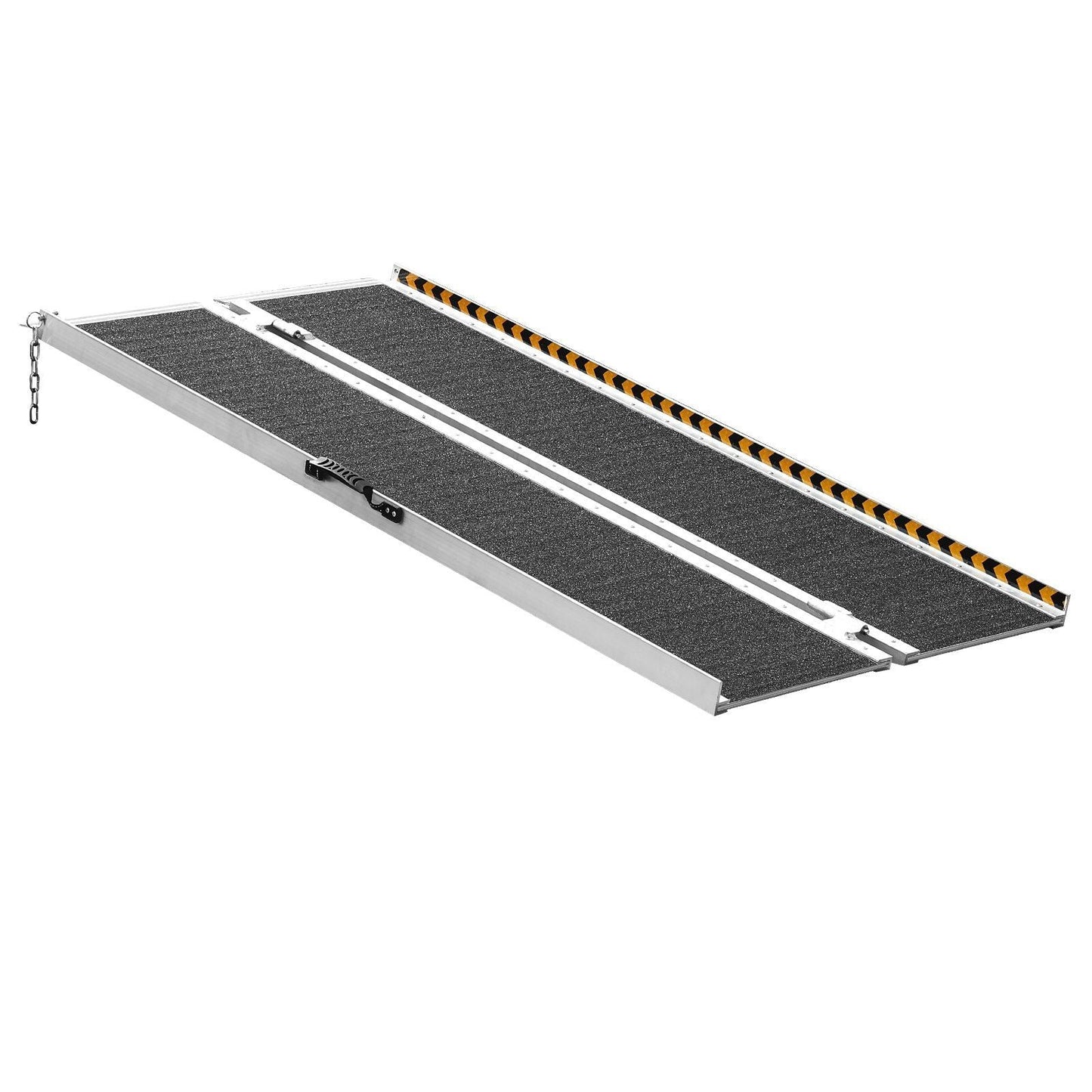 4 ft aluminum folding wheelchair ramp with non-slip tread and black-yellow safety edge.