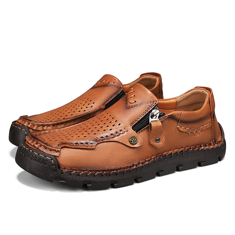 Plus-size breathable casual shoes, tan perforated slip-on with zipper strap and rubber sole