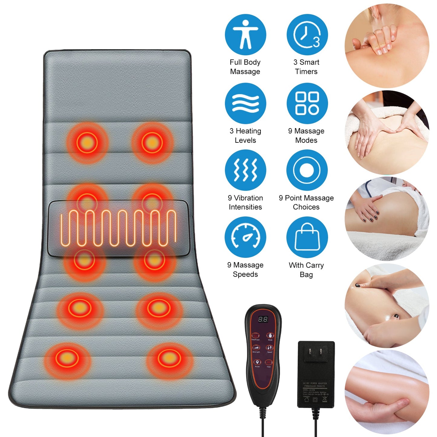 Grey electric massage mat with red heat patterns, handheld remote, and two power adapters.