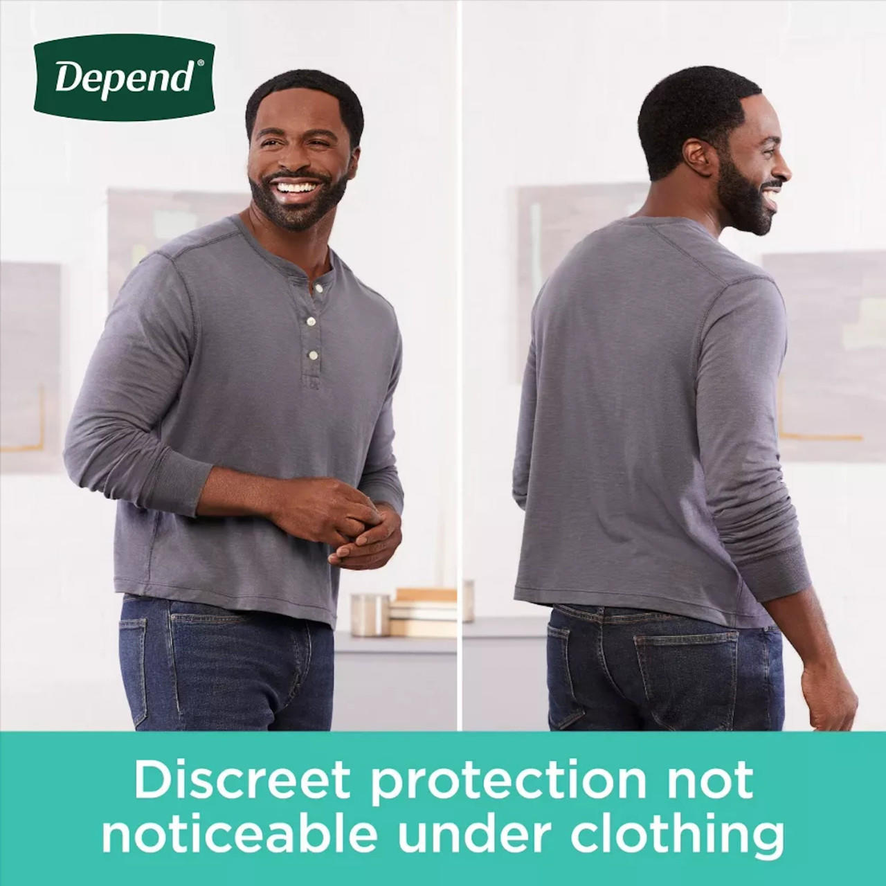 Men’s discreet incontinence protection under clothing on a model in gray shirt