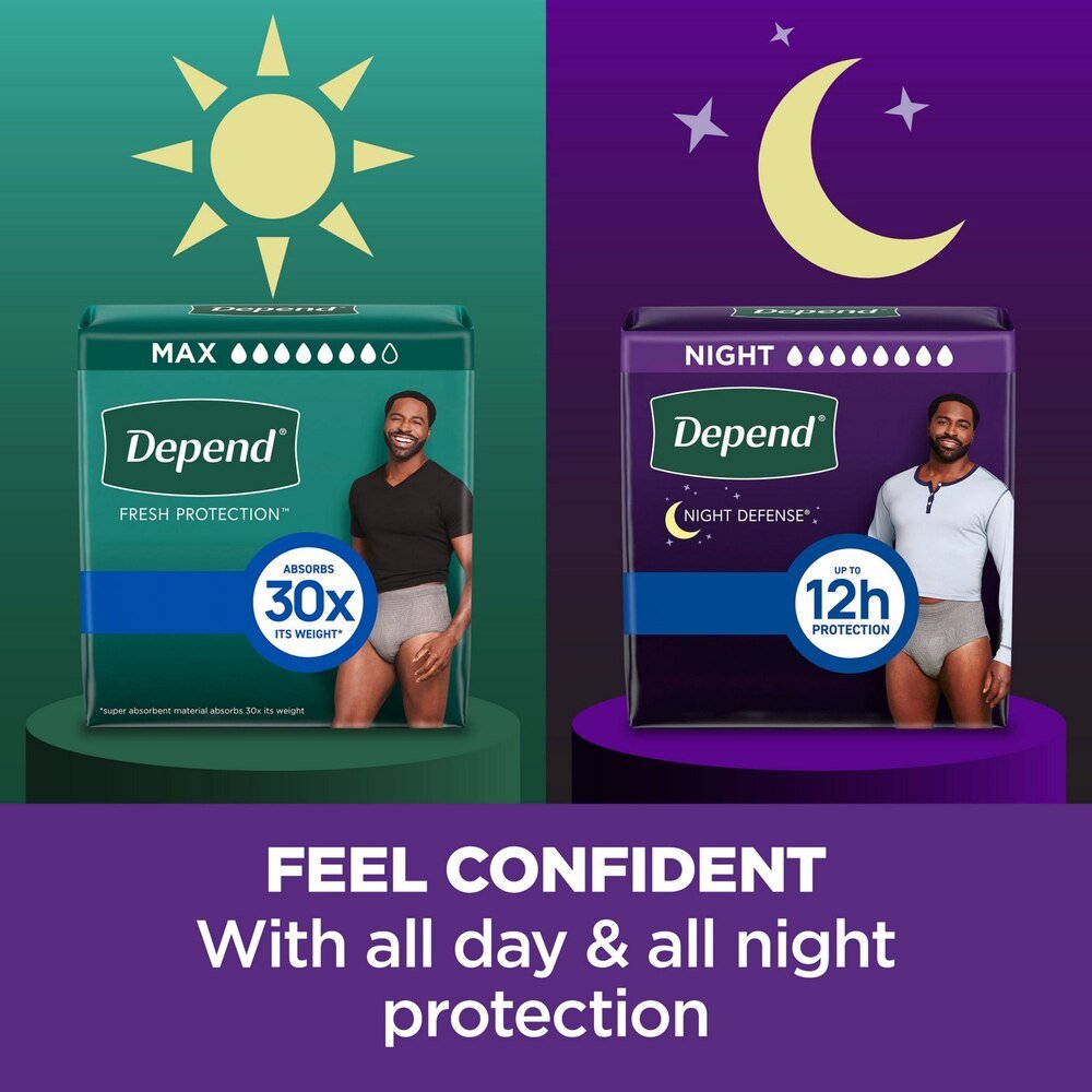 Day & night protection promo with men in briefs beside max and night defense boxes