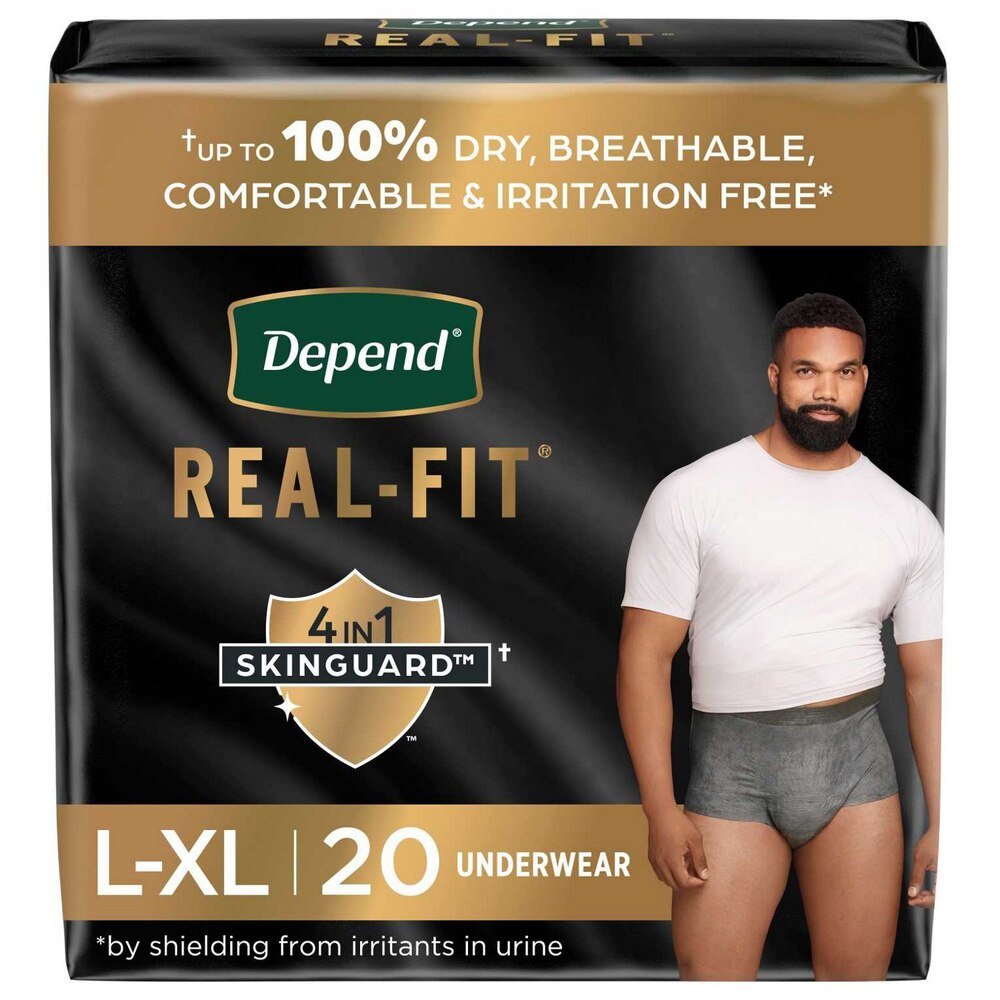 L–XL absorbent gray briefs, 20 count package, men’s brief underwear