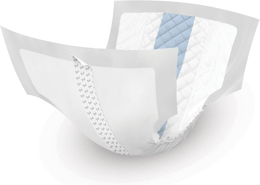 Stack of white adult bladder control booster pads with blue quilted layer
