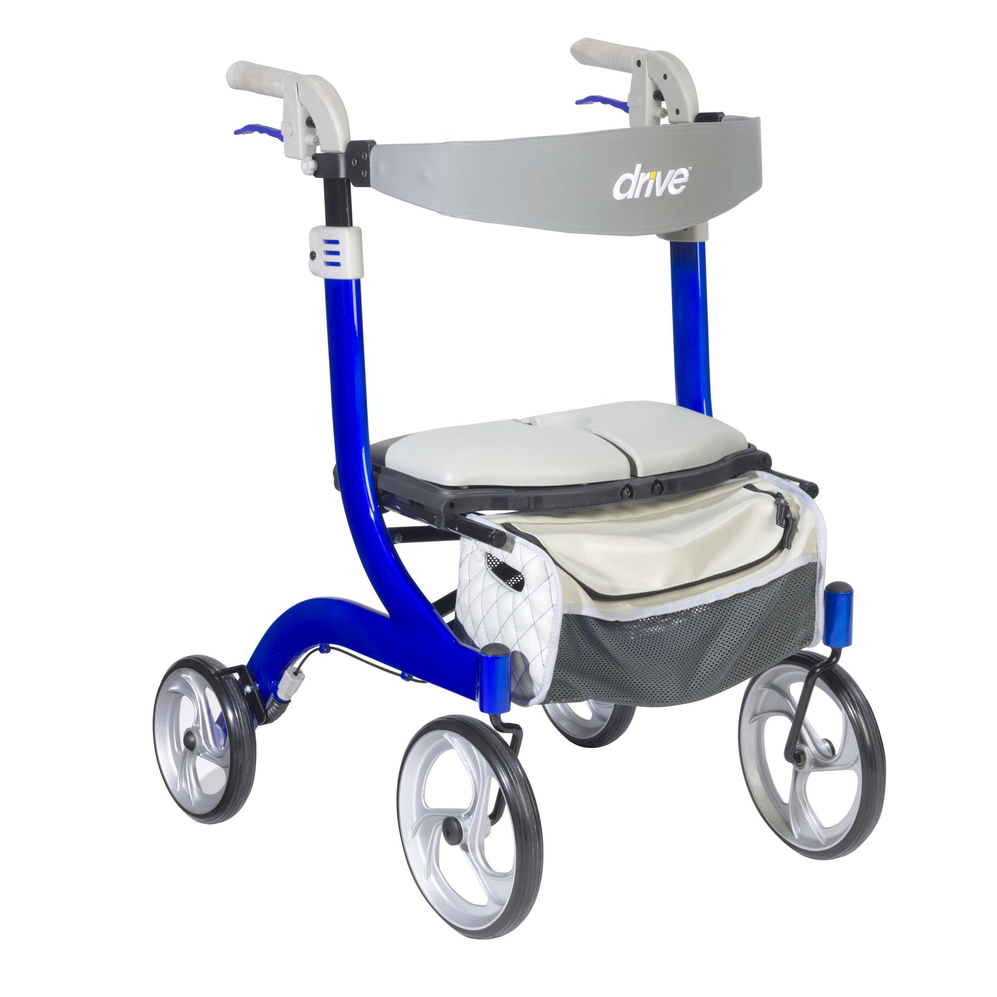 Blue rollator walker with padded seat, front storage pouch, and four swivel wheels