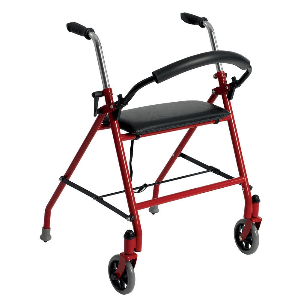 Folding adult walker with front wheels, padded seat, red frame, dual-release handles