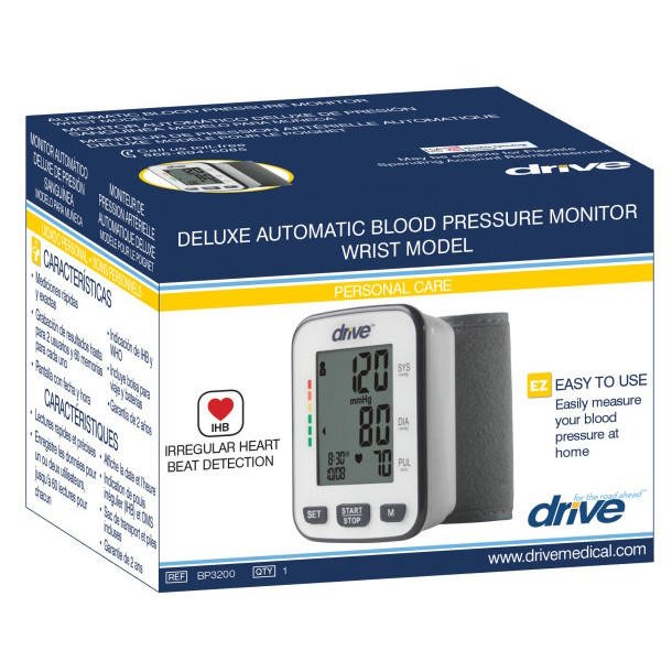 Drive Deluxe automatic blood pressure monitor wrist model retail box with device photo