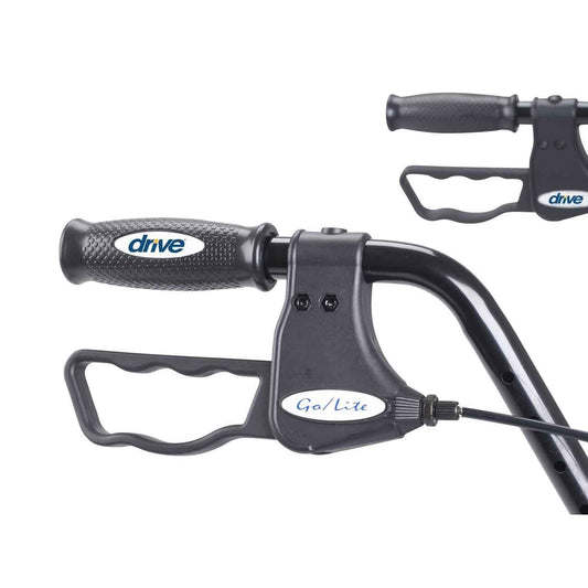 Go-Lite rollator handle detail with black grips and brake controls.