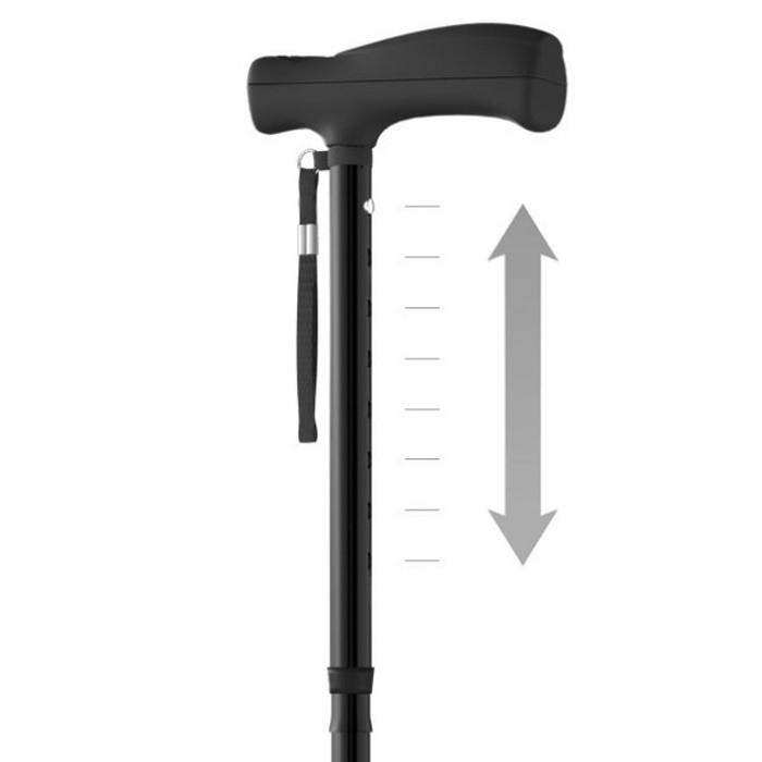 Black height-adjustable folding cane with up/down height markers