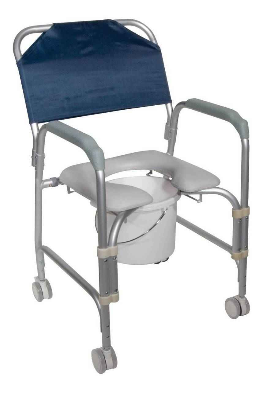 Portable shower chair commode with blue padded seat, armrests, and wheels on aluminum frame