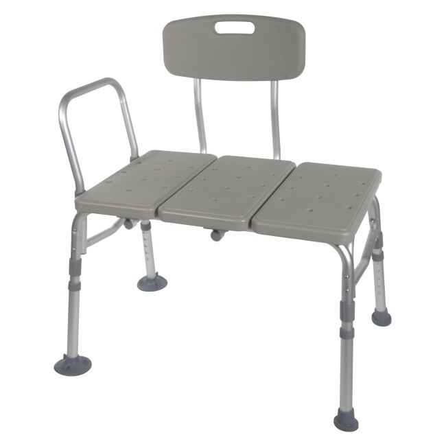 Plastic transfer tub bench with grey padded seat, hinged backrest, and metal legs