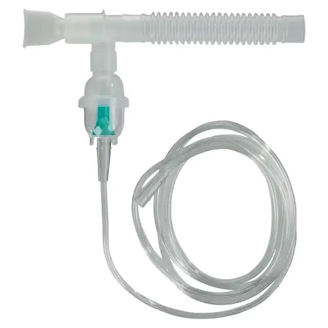Clear nebulizer medicine chamber with mask and coiled tube, green valve