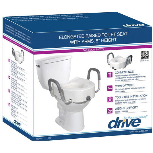 Raised elongated toilet seat with padded arms and gray handle supports