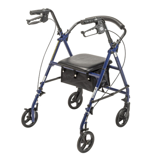 Blue rollator with padded seat, black storage pouch, curved handlebars, and 6 wheels