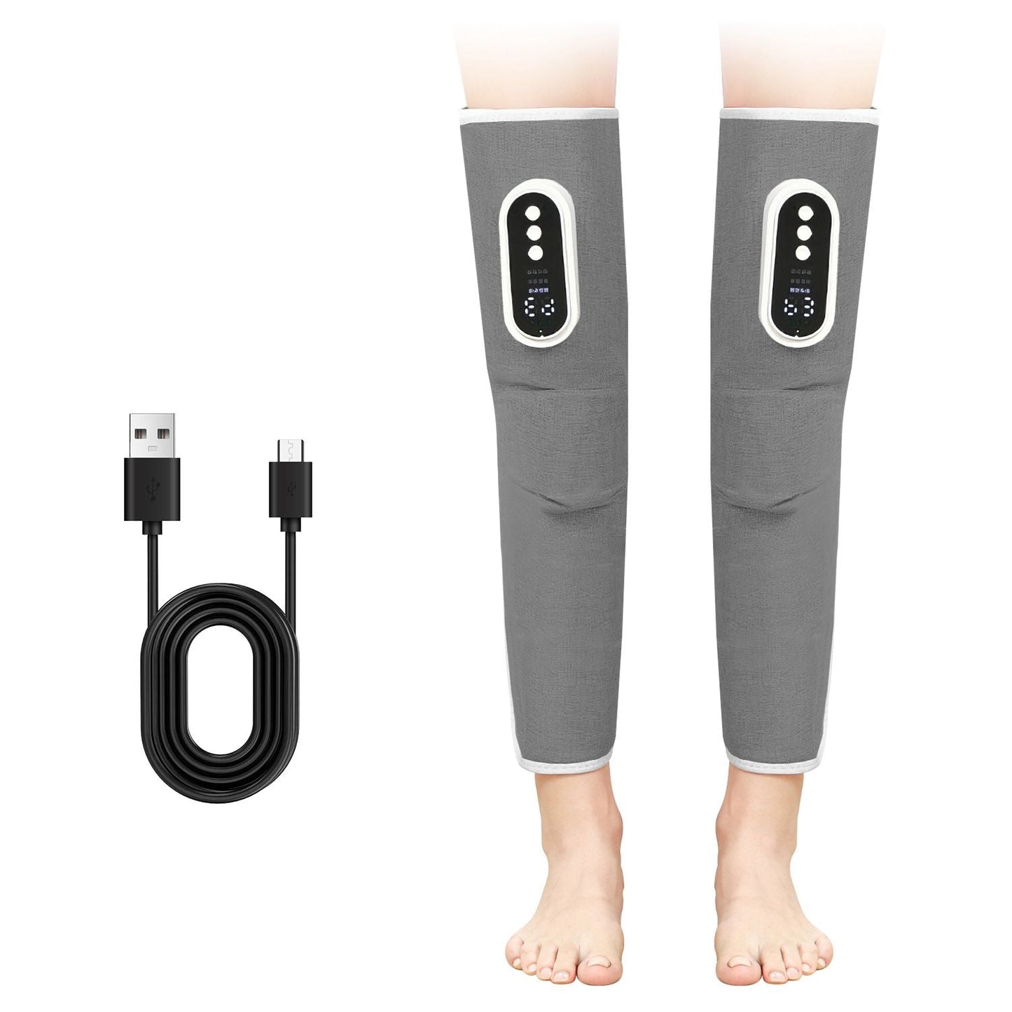 Pair of grey leg massager wraps with built-in controls and USB power cable