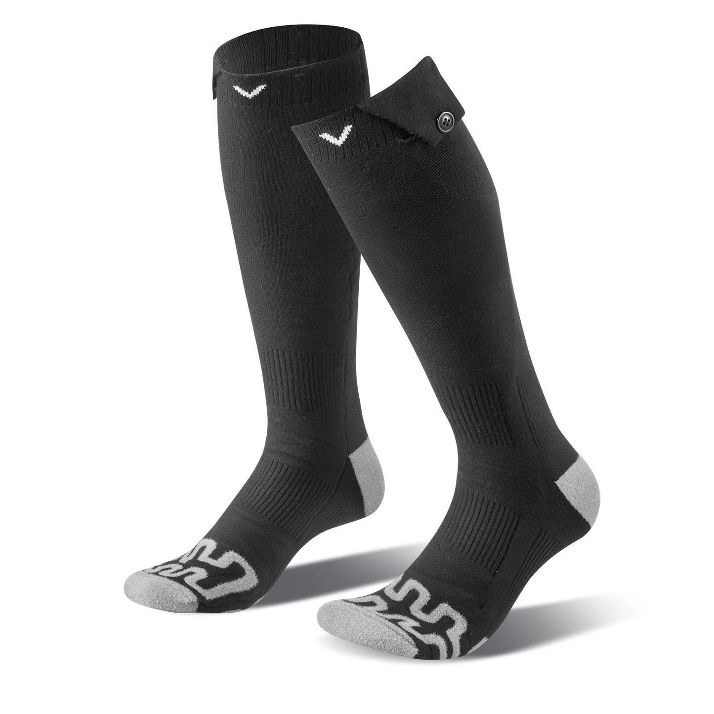 Battery-heated crew socks, black ribbed knit with small V logo, cushioned toe and heel.