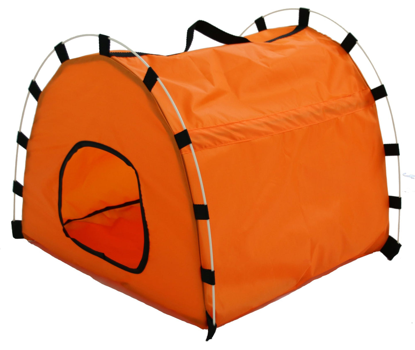 Orange collapsible pet house tent with arched door and black corner straps