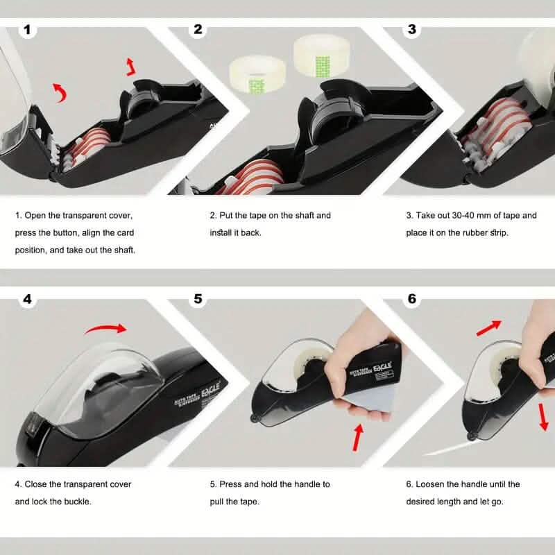 Step-by-step guide on how to use a tape dispenser with text instructions.