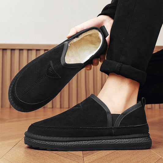 Black suede snow boots with fleece lining, round toe, and flat non-slip sole